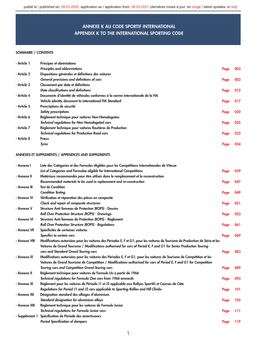 Annexe K Au Code Sportif International Appendix K to the International Sporting Code