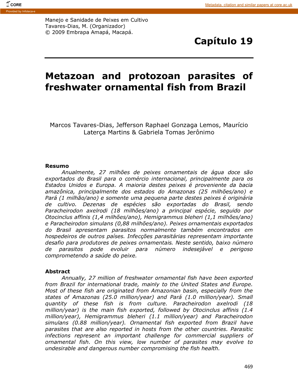 Capítulo 19 Metazoan and Protozoan Parasites of Freshwater Ornamental