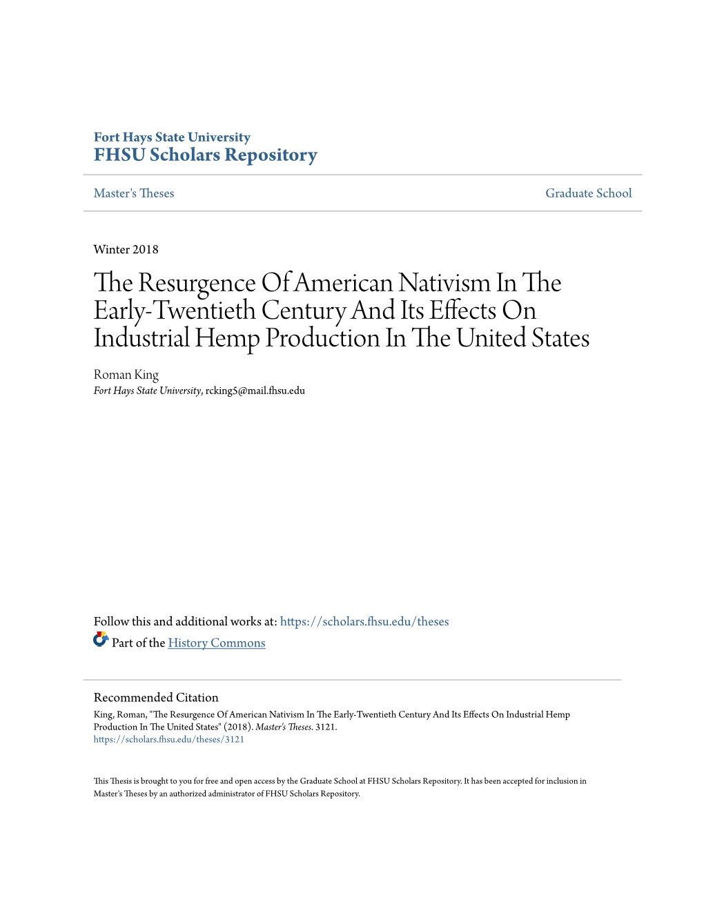 The Resurgence of American Nativism in the Early-Twentieth Century and Its Effects on Industrial Hemp Production in the United S