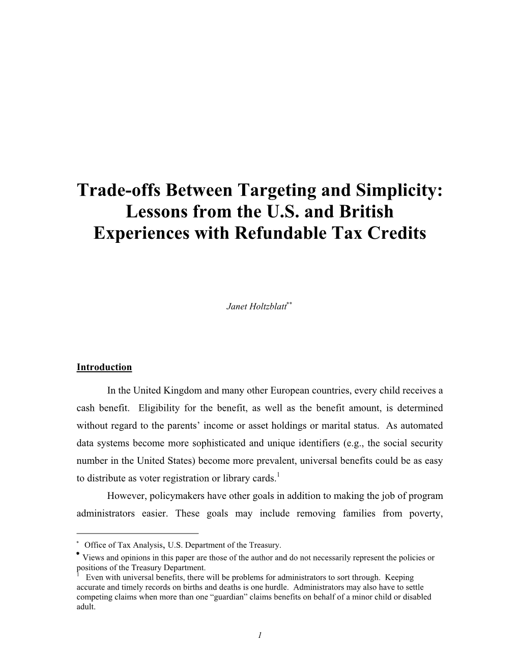 Trade-Offs Between Targeting and Simplicity: Lessons from the U.S. and British Experiences with Refundable Tax Credits