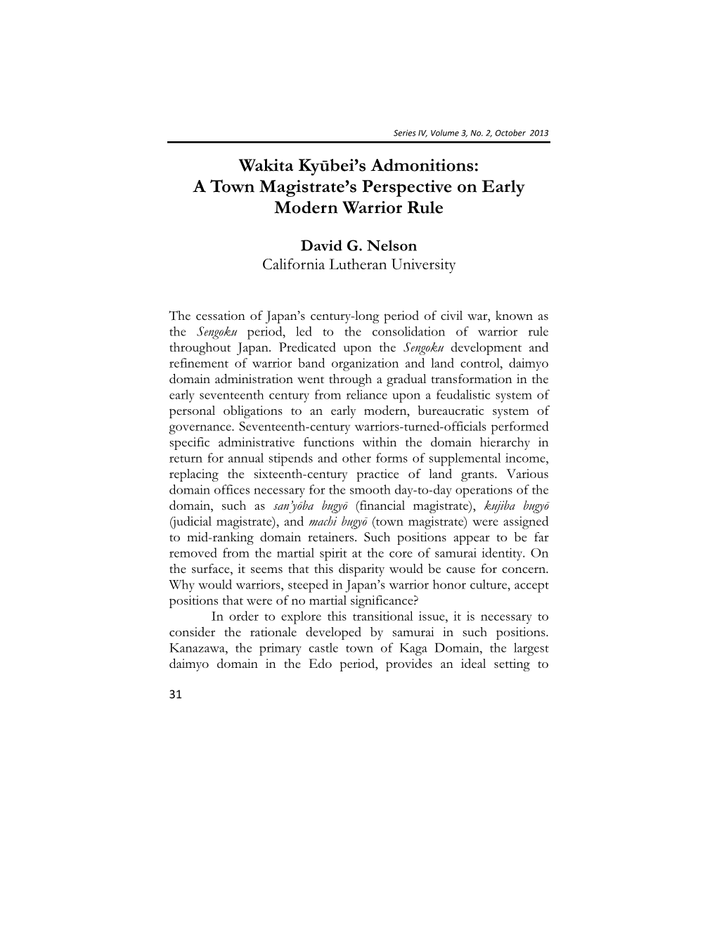 Wakita Kyūbei's Admonitions: a Town Magistrate's Perspective on Early