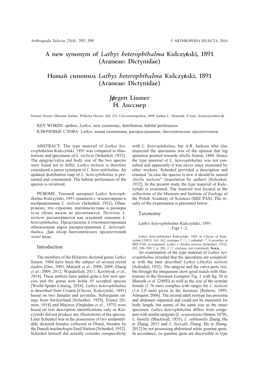 A New Synonym of Lathys Heterophthalma Kulczyński, 1891 (Araneae: Dictynidae)