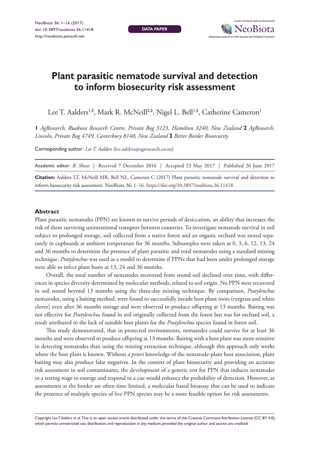 ﻿Plant Parasitic Nematode Survival and Detection to Inform Biosecurity Risk Assessment