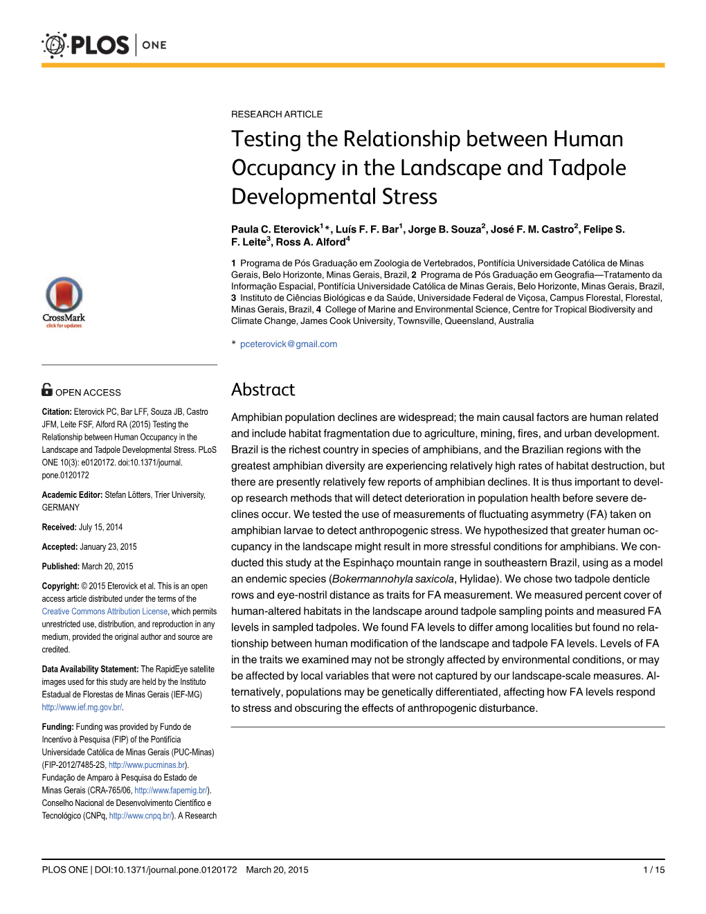 Testing the Relationship Between Human Occupancy in the Landscape and Tadpole Developmental Stress