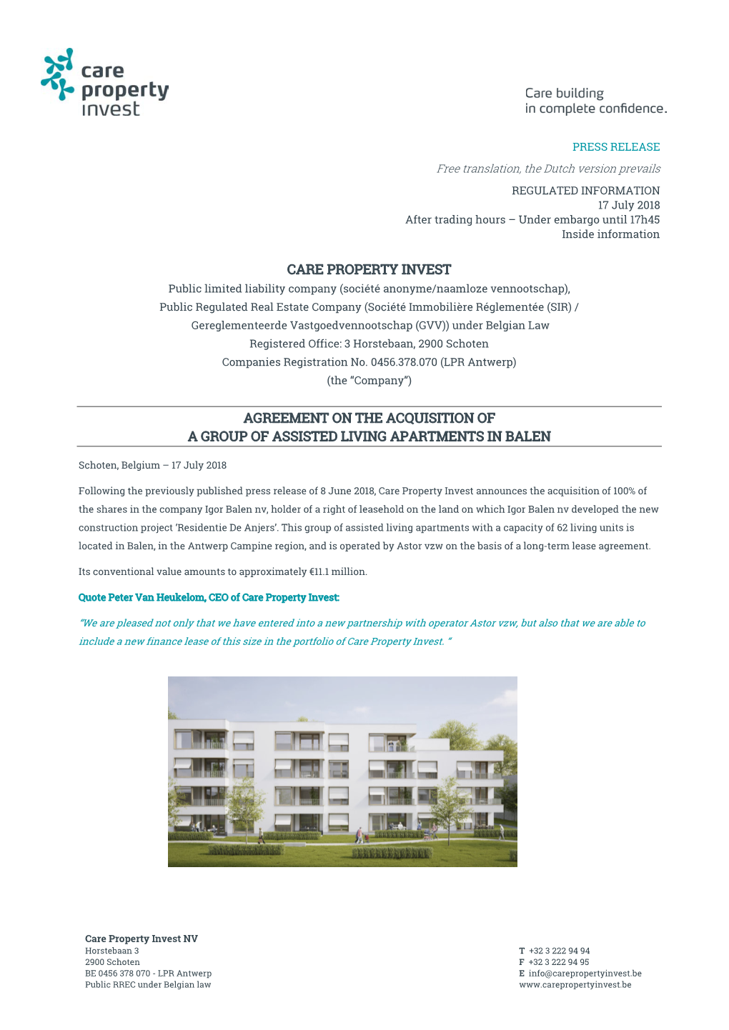 Care Property Invest Agreement on The