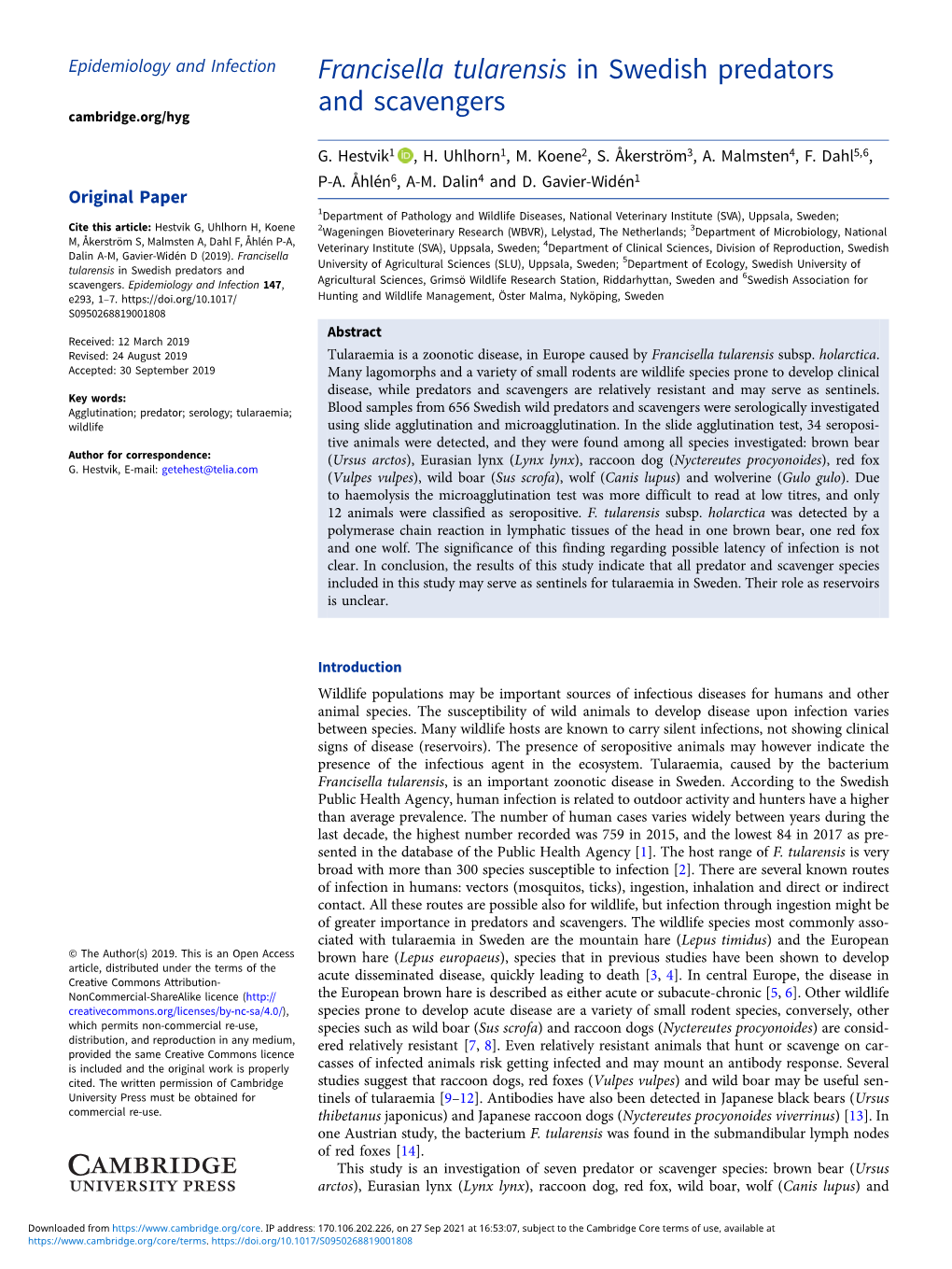 Francisella Tularensis in Swedish Predators and Scavengers Cambridge.Org/Hyg