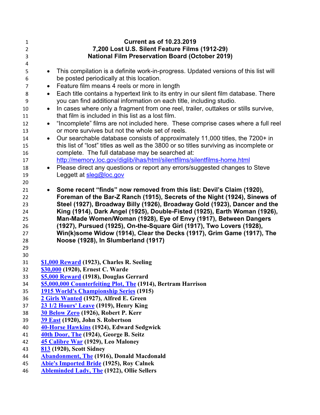 Current As of 10.23.2019 7,200 Lost U.S. Silent Feature Films (1912-29) National Film Preservation Board (October 2019) • This