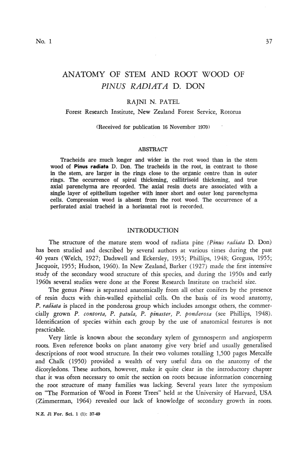 Anatomy of Stem and Root Wood of Pinus Radiata D. Don