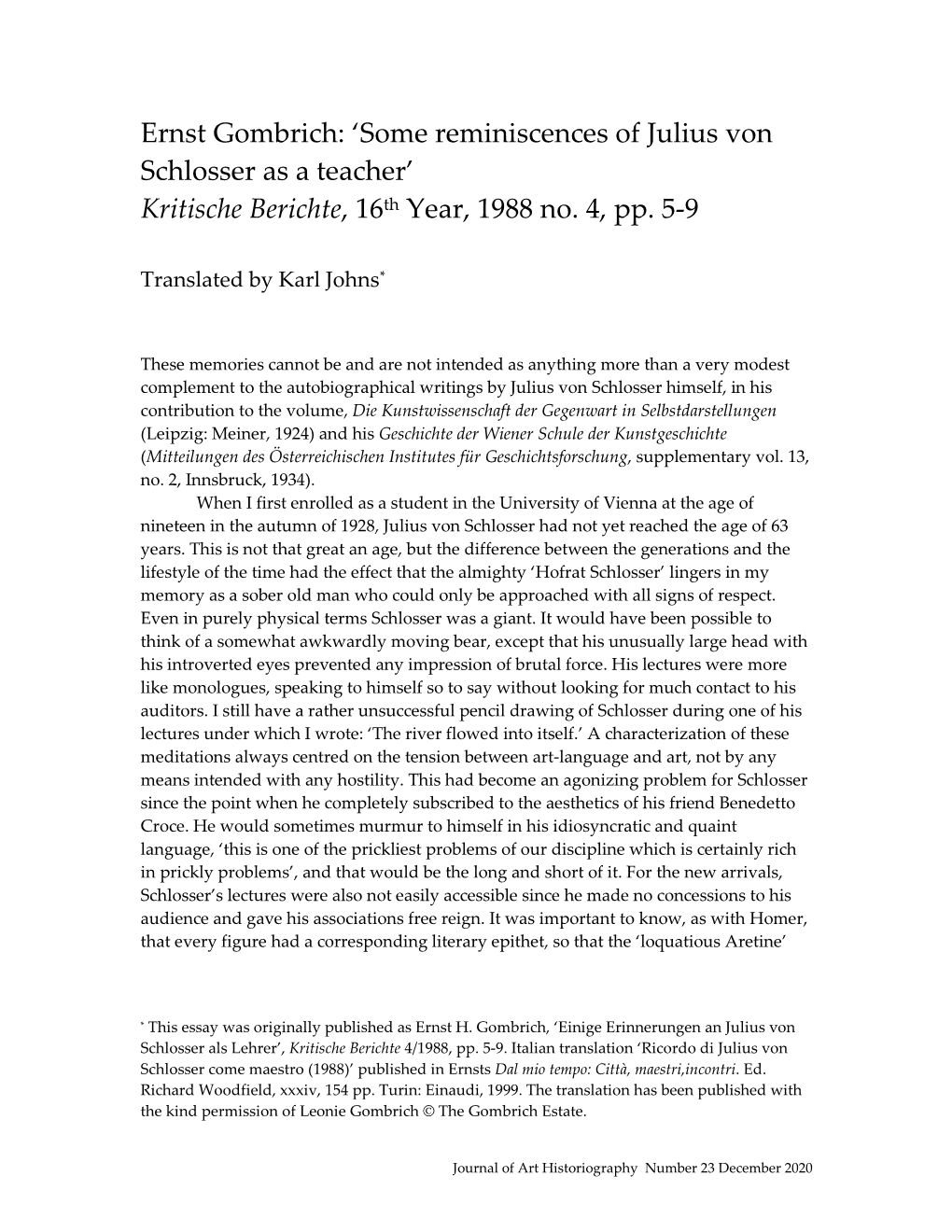 Ernst Gombrich: 'Some Reminiscences of Julius Von Schlosser As a Teacher