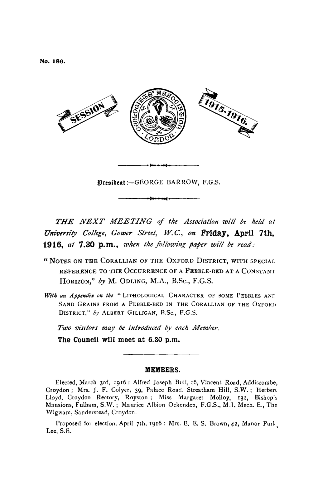 Geologists' Association London: Session 1915–1916