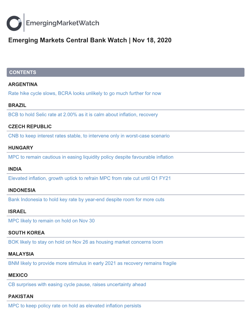 Emerging Markets Central Bank Watch | Nov 18, 2020