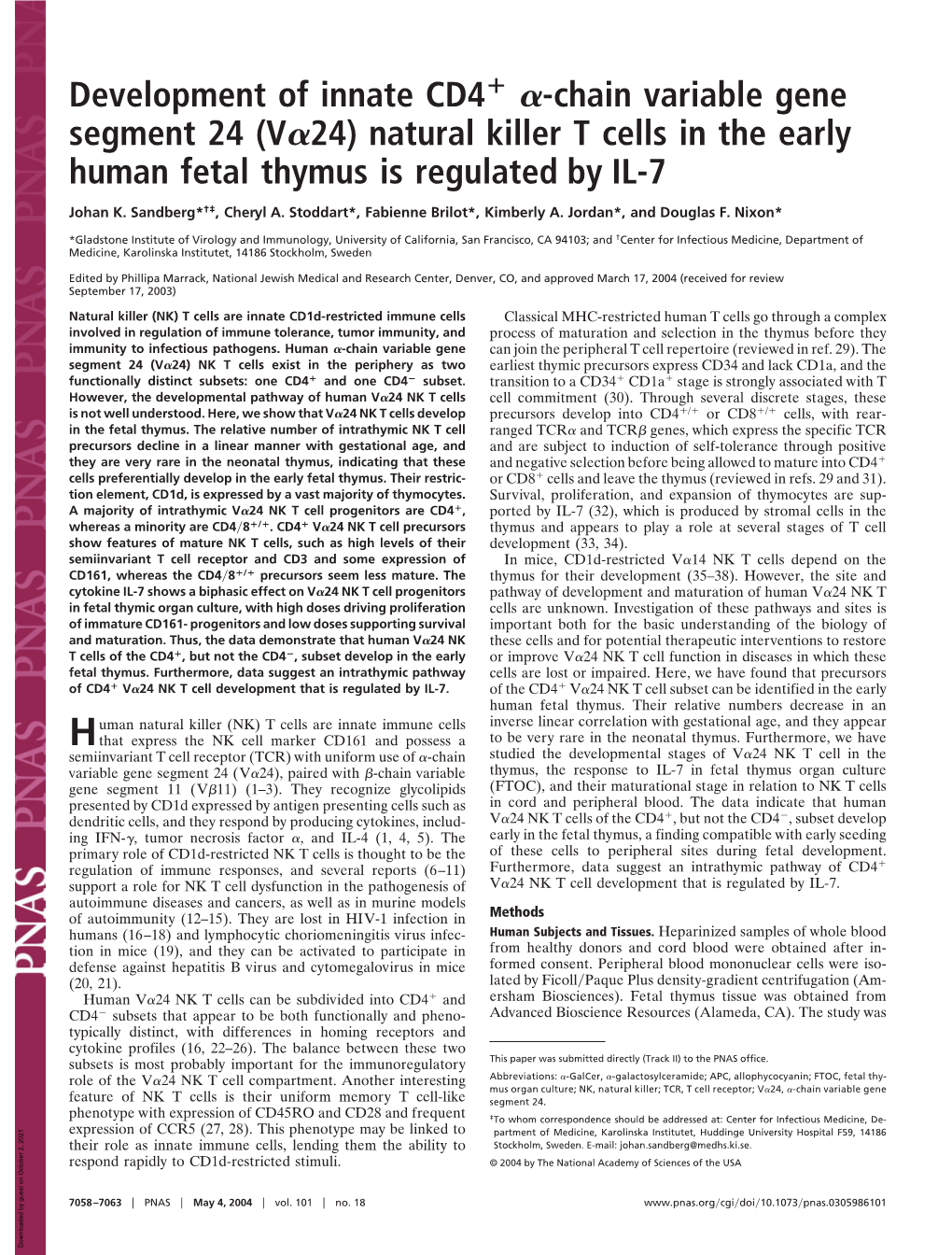 Natural Killer T Cells in the Early Human Fetal Thymus Is Regulated by IL-7