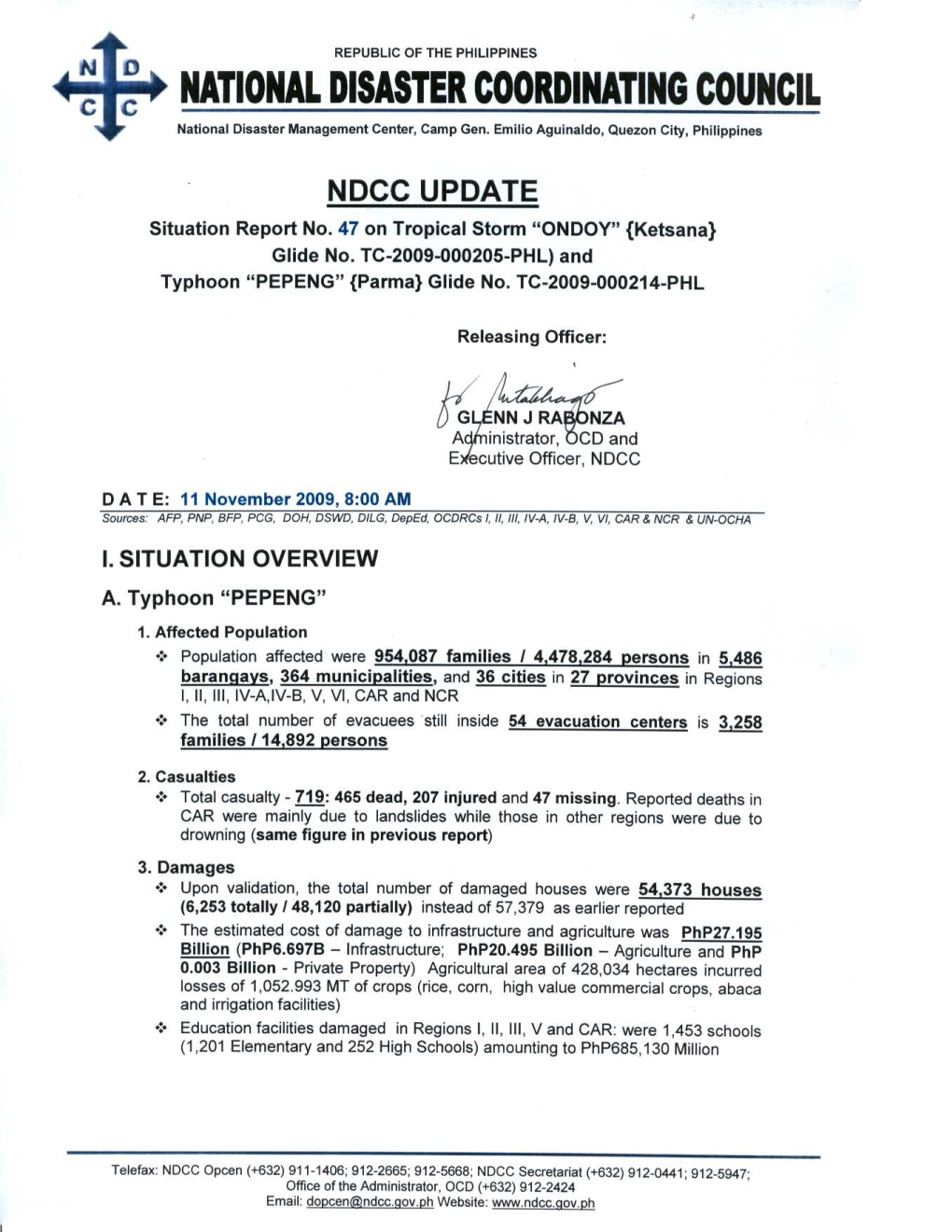 NDCC Update Sitrep No. 47 on TS Ondoy and Typhoon Pepeng As Of