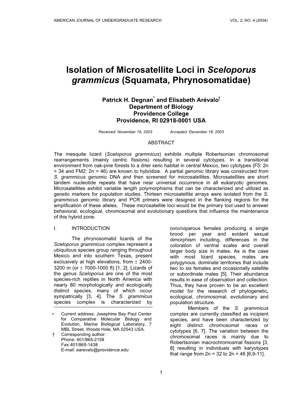 Isolation of Microsatellite Loci in Sceloporus Grammicus (Squamata, Phrynosomatidae)
