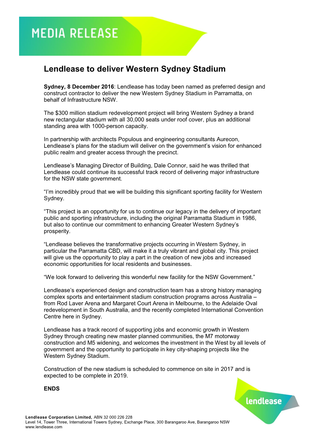 Lendlease to Deliver Western Sydney Stadium