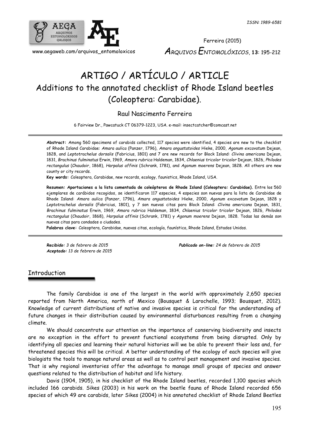 ARTIGO / ARTÍCULO / ARTICLE Additions to the Annotated Checklist of Rhode Island Beetles (Coleoptera: Carabidae)
