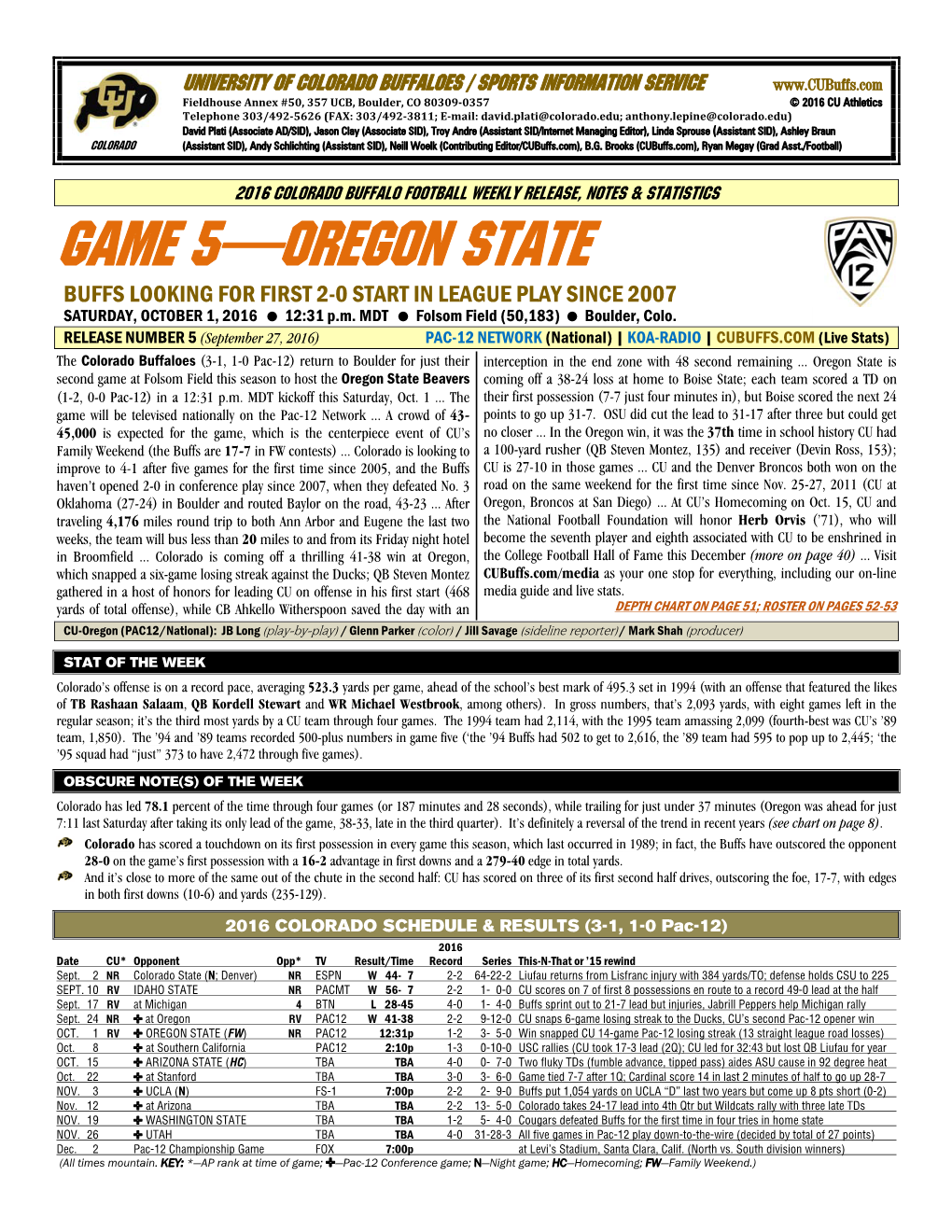 GAME 5—OREGON STATE BUFFS LOOKING for FIRST 2-0 START in LEAGUE PLAY SINCE 2007 SATURDAY, OCTOBER 1, 2016 12:31 P.M