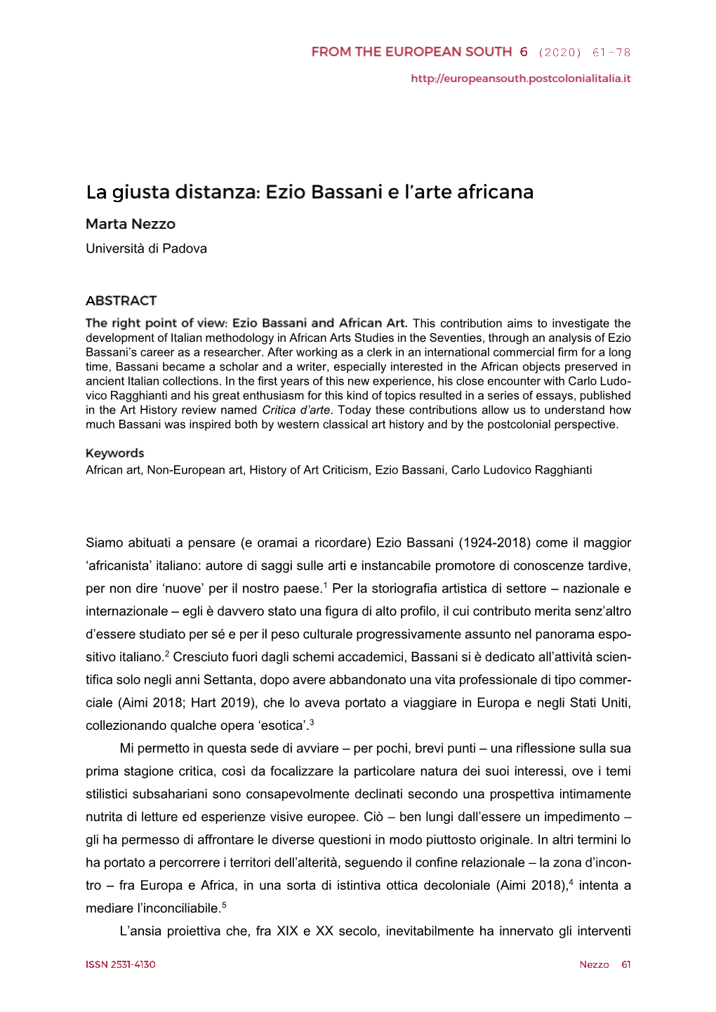 Ezio Bassani (1924-2018) Come Il Maggior 'Africanista'