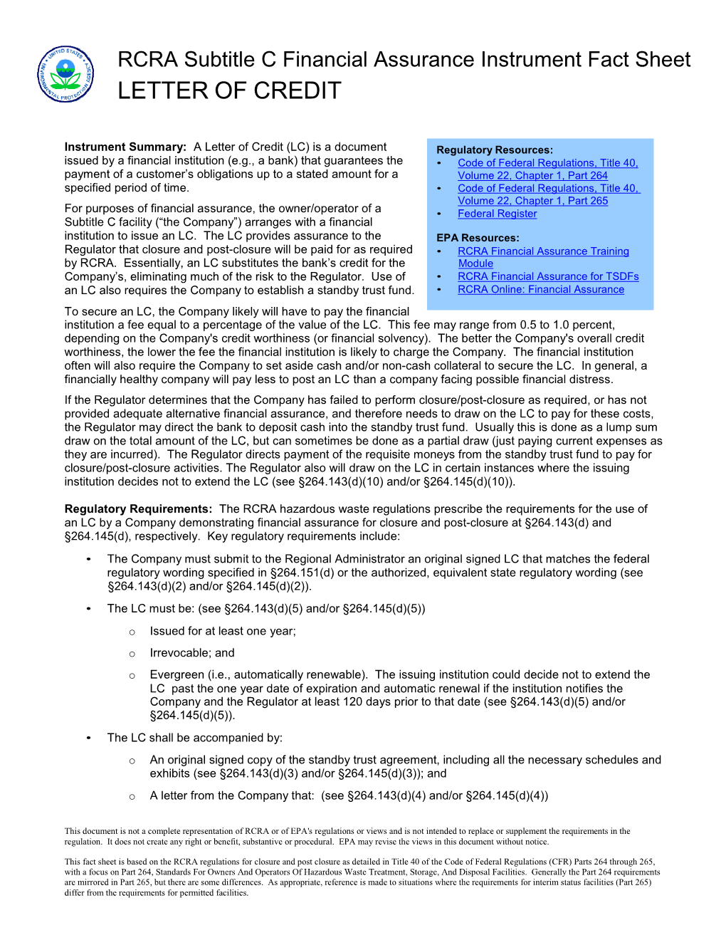 RCRA Subtitle C Financial Assurance Instrument Fact Sheet LETTER of CREDIT