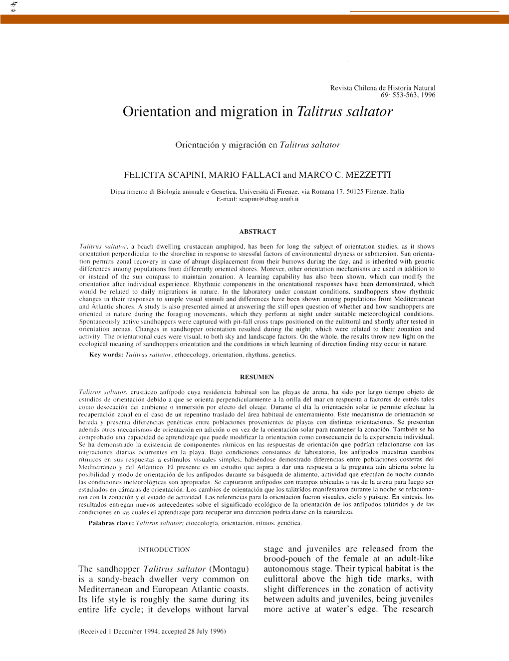 Orientation and Migration in Talitrus Saltator