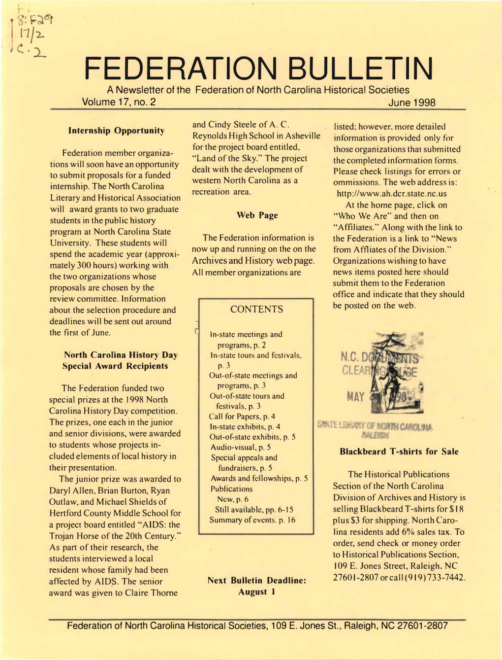 FEDERATION BULLETIN a Newsletter of the Federation of North Carolina Historical Societies Volume 17, No