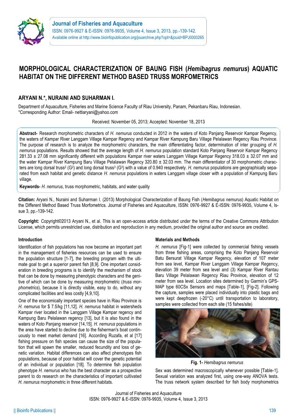 Hemibagrus Nemurus) AQUATIC HABITAT on the DIFFERENT METHOD BASED TRUSS MORFOMETRICS