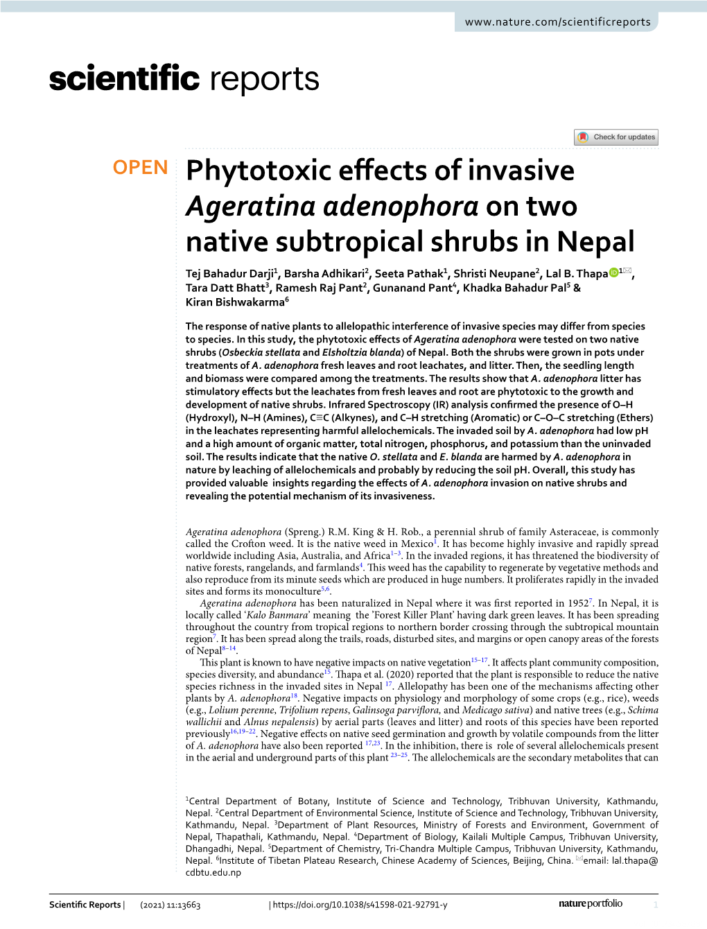 Phytotoxic Effects of Invasive Ageratina Adenophora on Two Native Subtropical Shrubs in Nepal