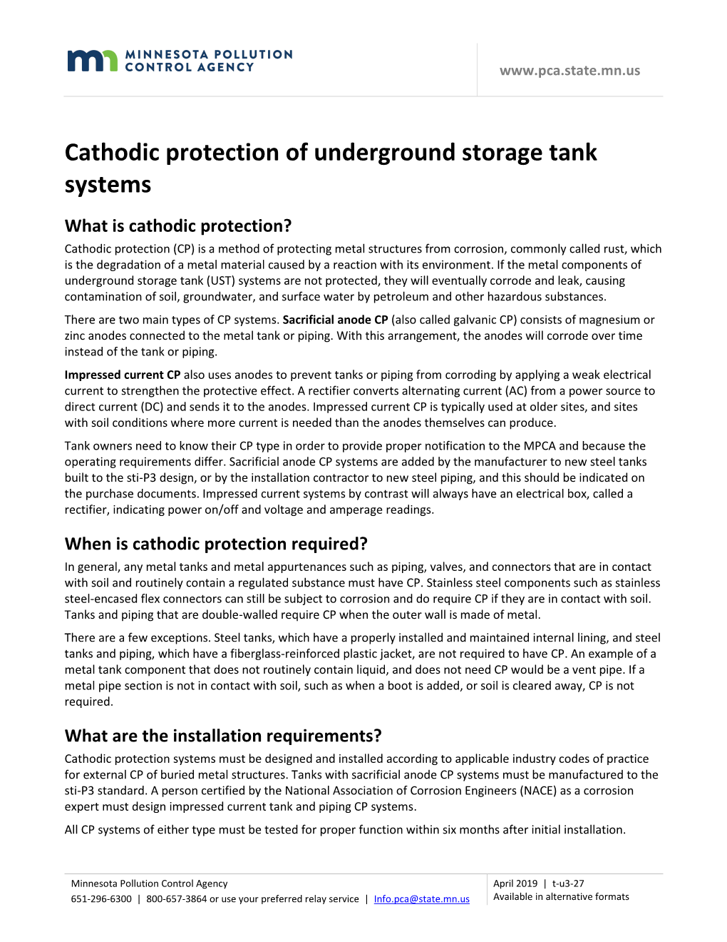 Cathodic Protection of Underground Storage Tank Systems