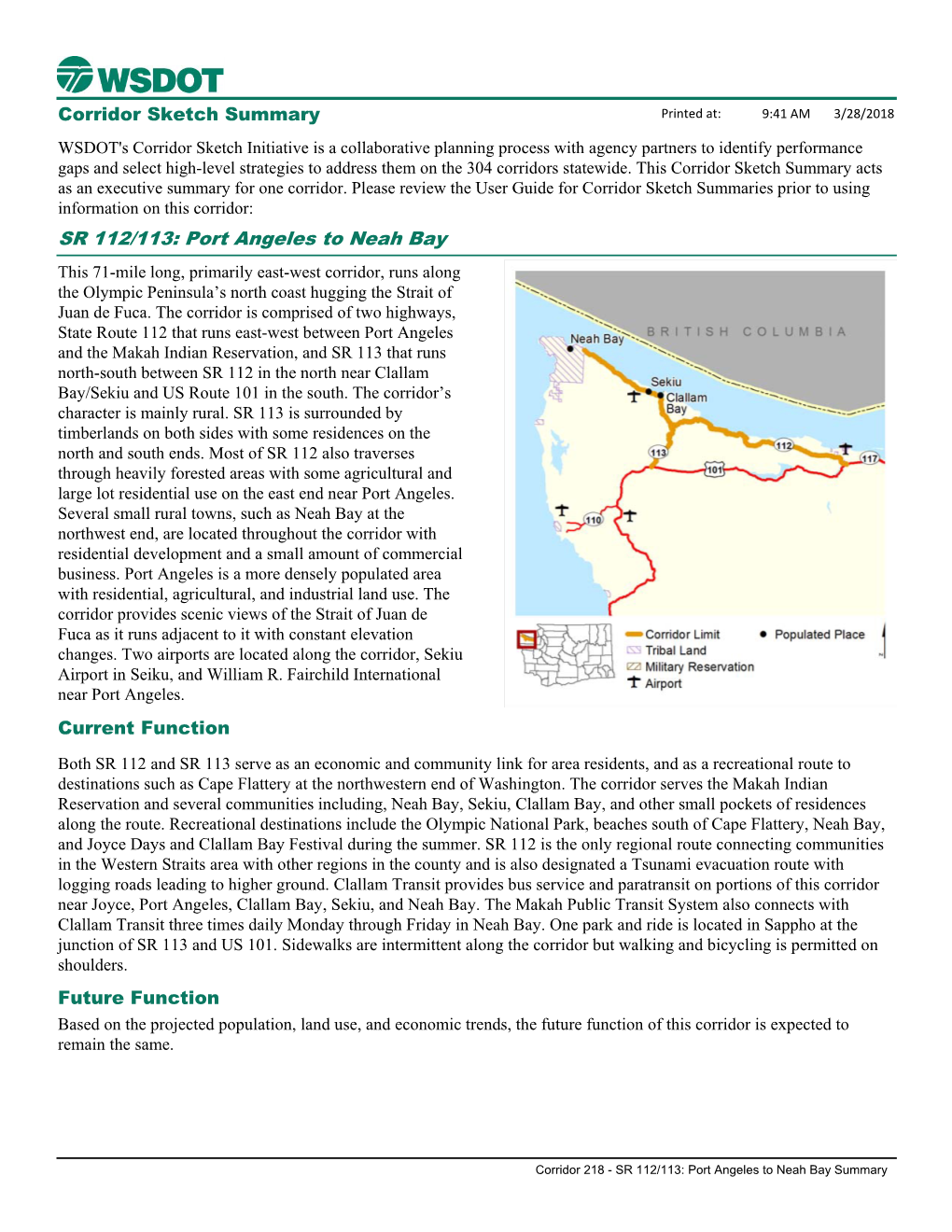 SR 112/113: Port Angeles to Neah Bay Corridor Sketch Summary