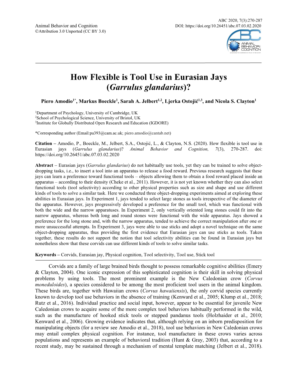 How Flexible Is Tool Use in Eurasian Jays (Garrulus Glandarius)?