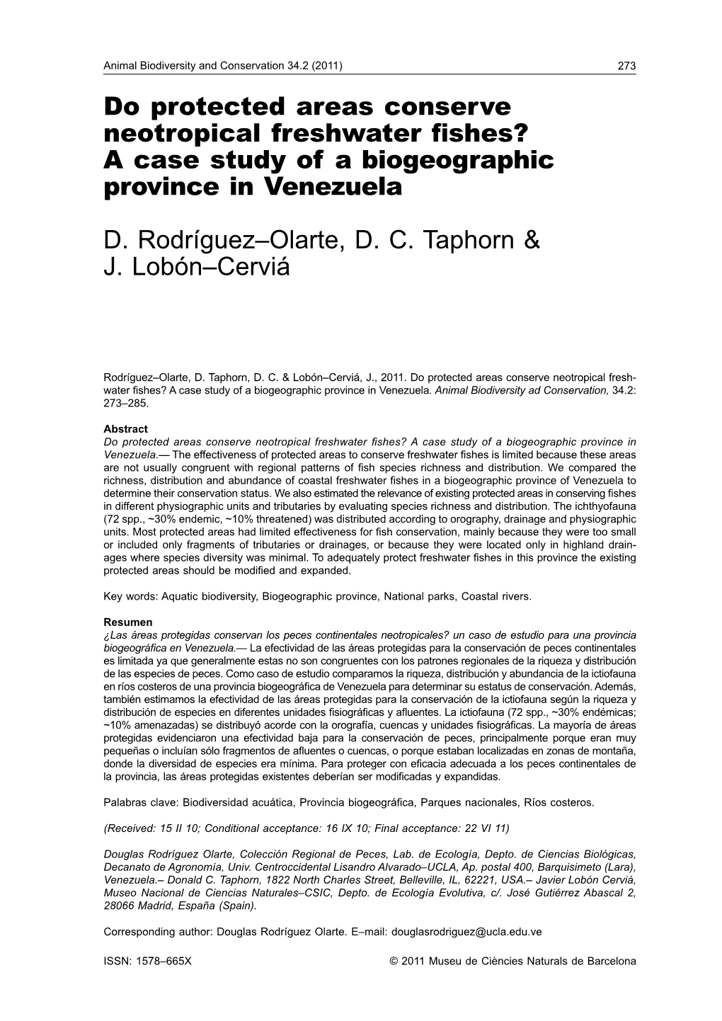 Do Protected Areas Conserve Neotropical Freshwater Fishes? a Case Study of a Biogeographic Province in Venezuela