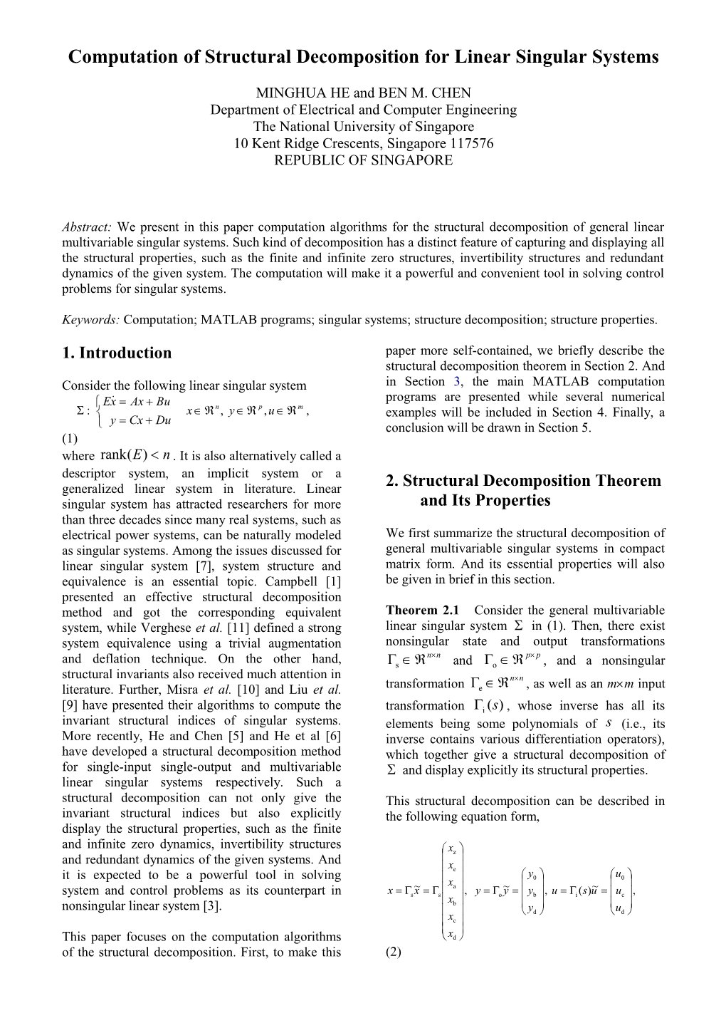 Computation of Structural Decomposition for Linear Singular System