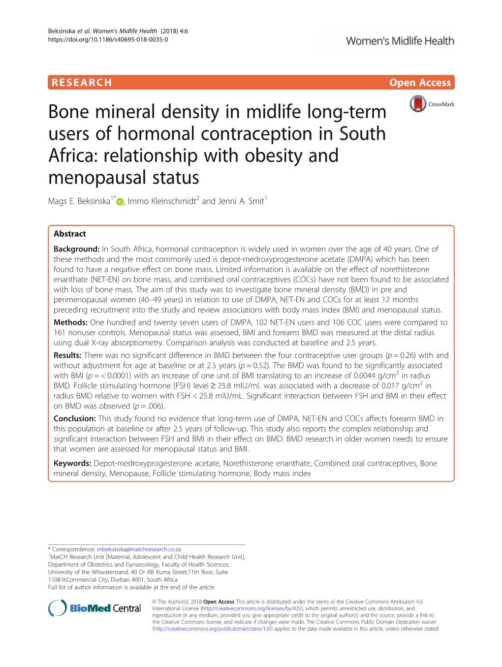 Bone Mineral Density in Midlife Long-Term Users of Hormonal Contraception in South Africa: Relationship with Obesity and Menopausal Status Mags E