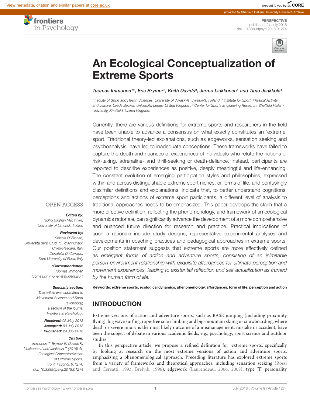 An Ecological Conceptualization of Extreme Sports