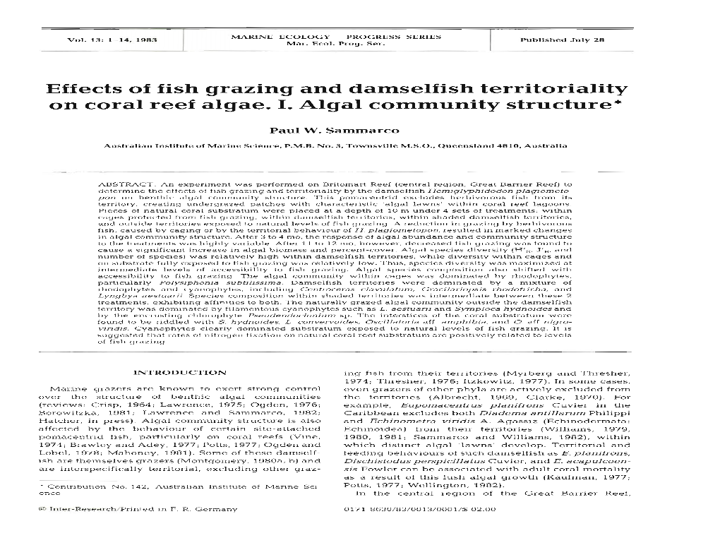 Effects of Fish Grazing and Damselfish Territoriality on Coral Reef Algae. I