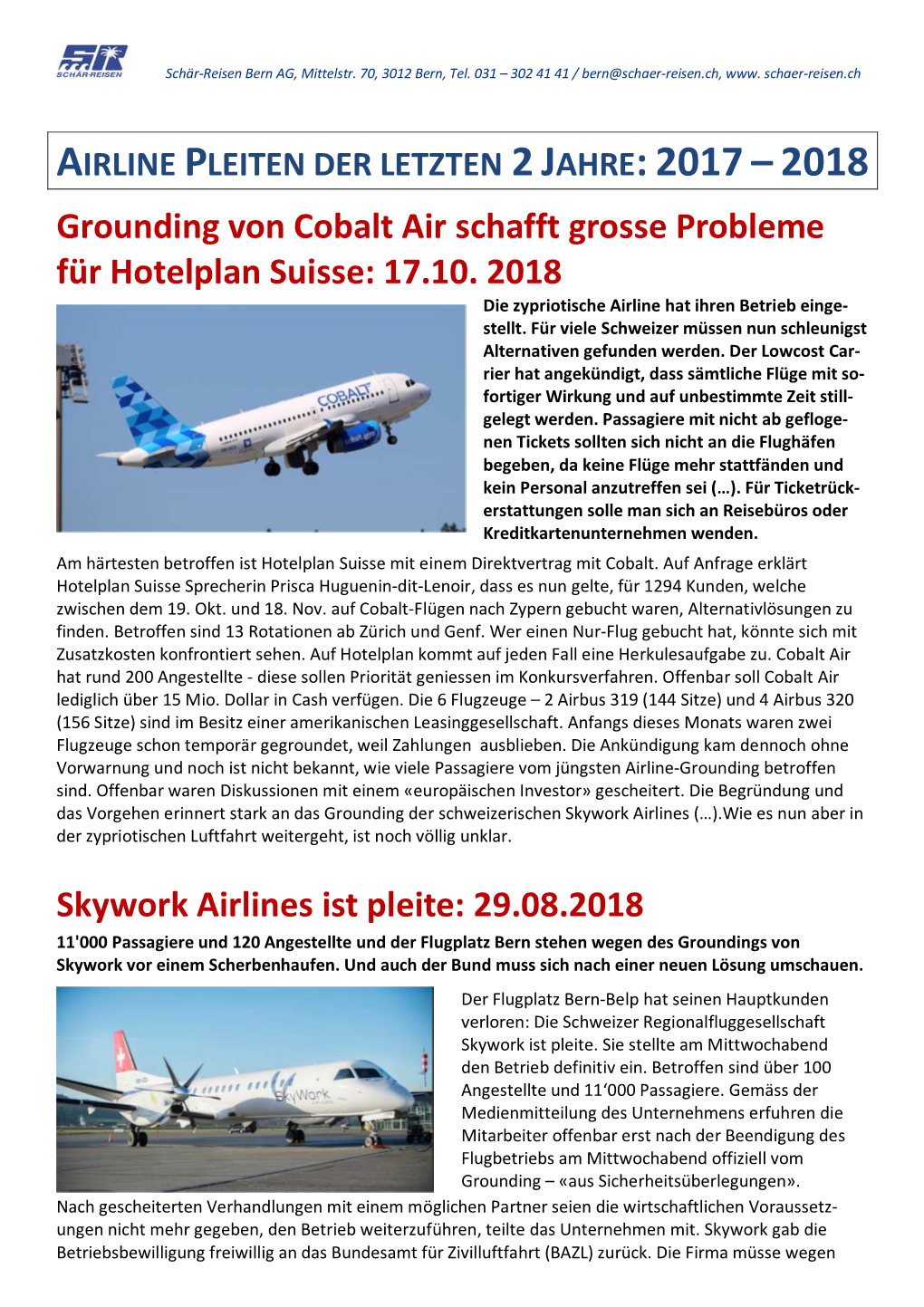 Grounding Von Cobalt Air Schafft Grosse Probleme Für Hotelplan Suisse: 17.10