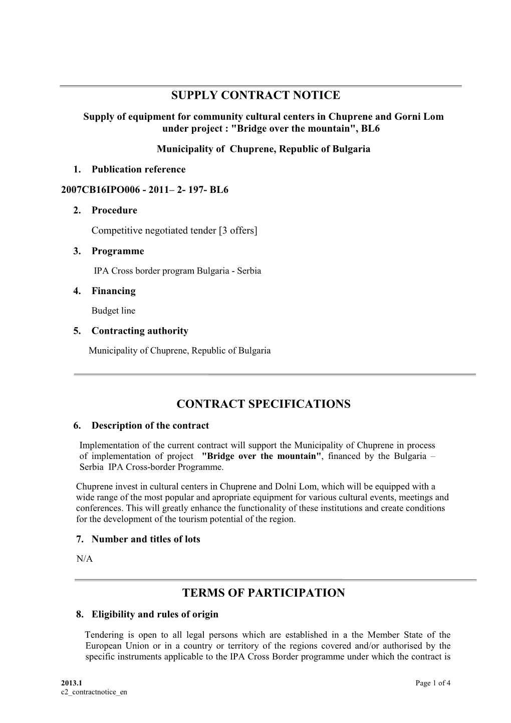 Supply Contract Notice Contract Specifications