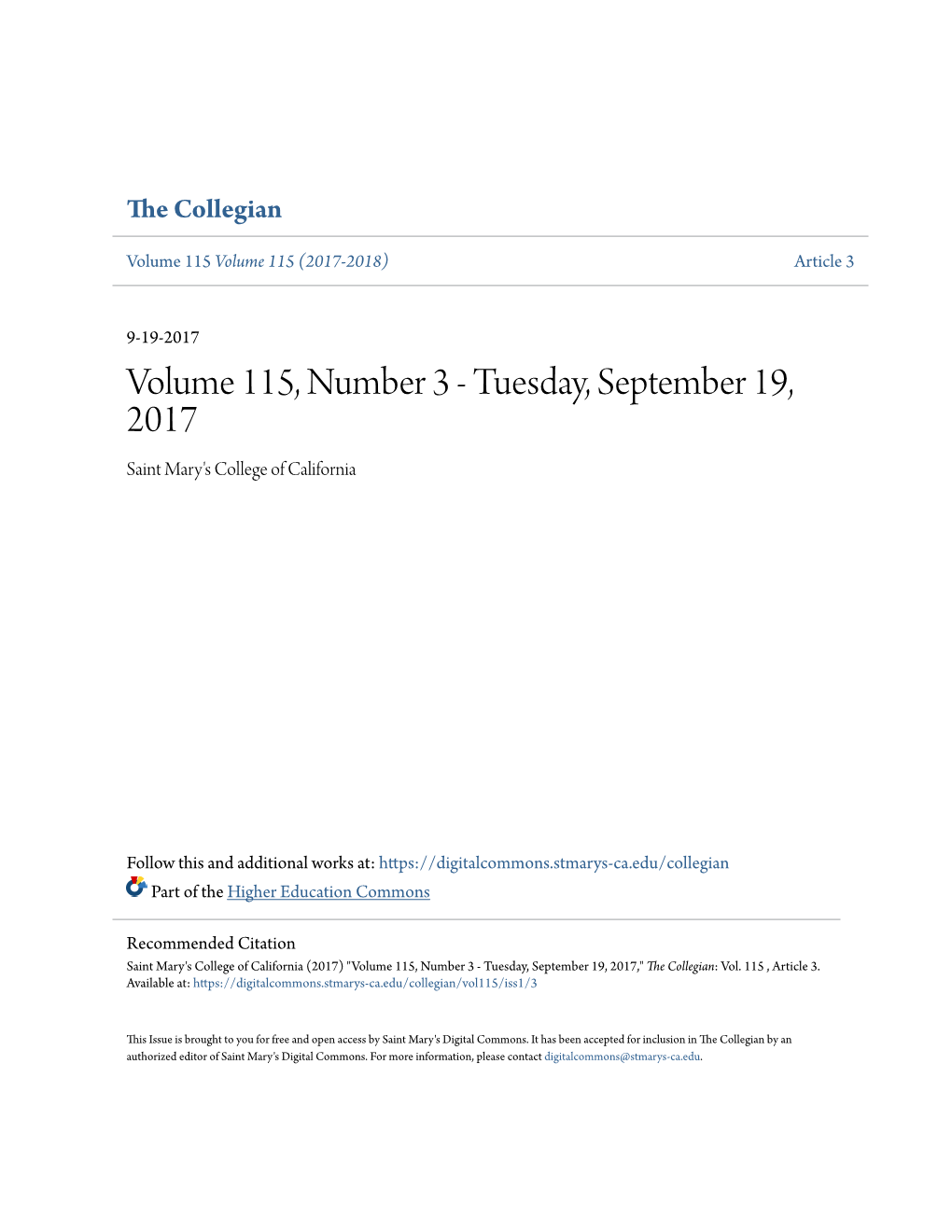 Volume 115, Number 3 - Tuesday, September 19, 2017 Saint Mary's College of California