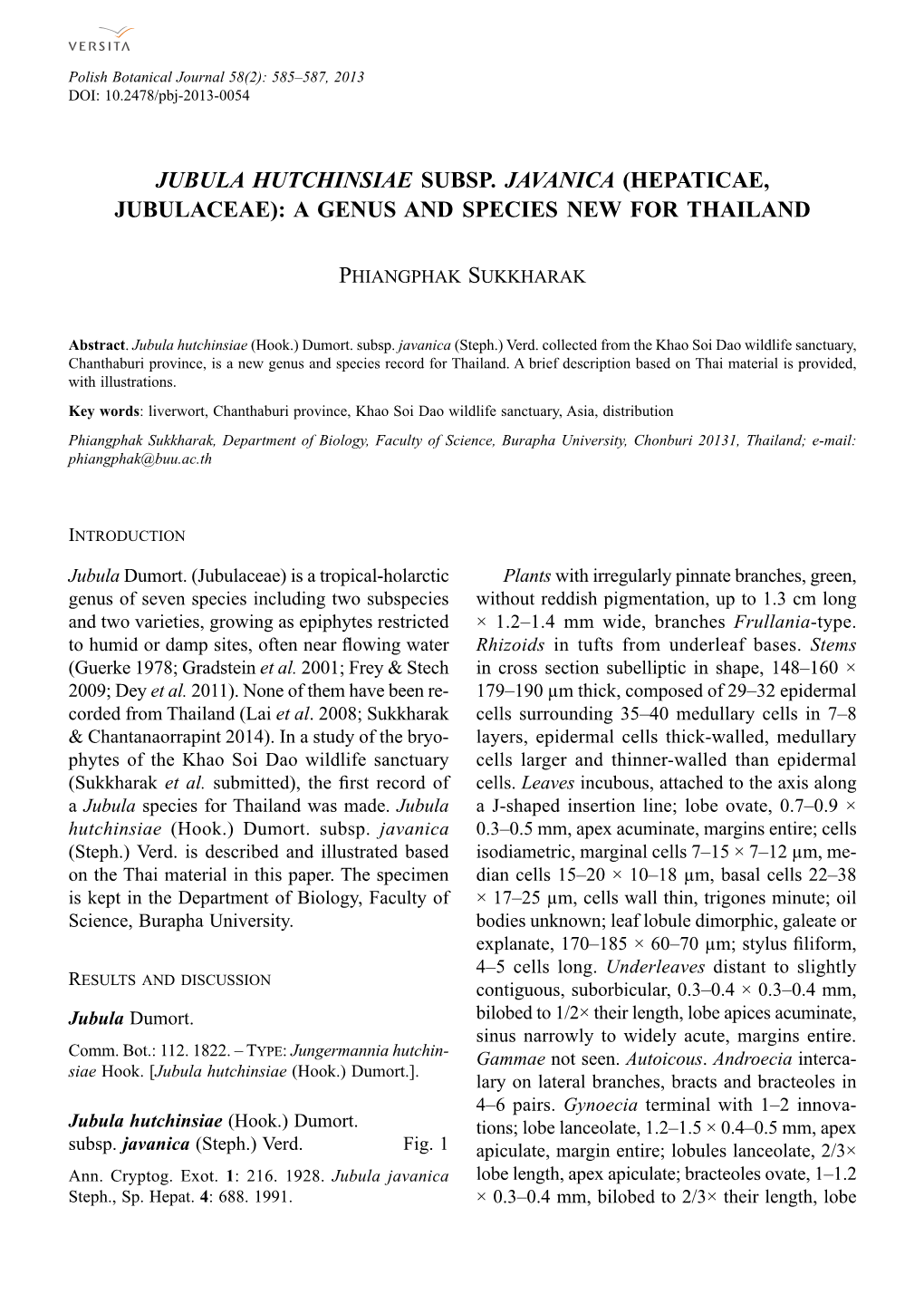 Jubula Hutchinsiae Subsp. Javanica (Hepaticae, Jubulaceae): a Genus and Species New for Thailand
