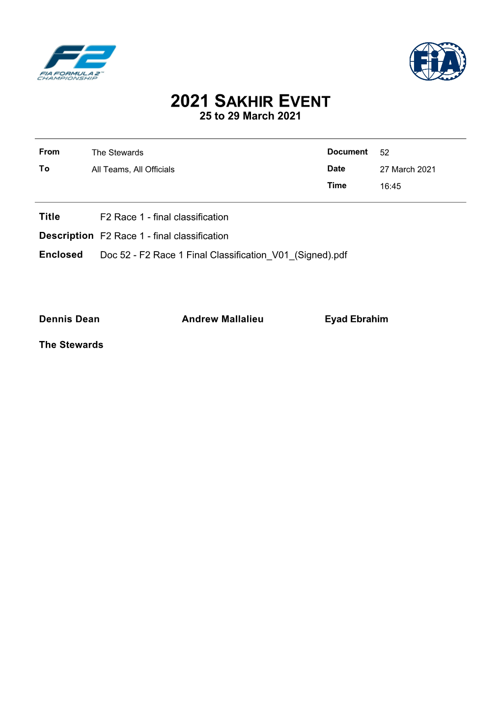 F2 Race 1 - Final Classification Description F2 Race 1 - Final Classification Enclosed Doc 52 - F2 Race 1 Final Classification V01 (Signed).Pdf