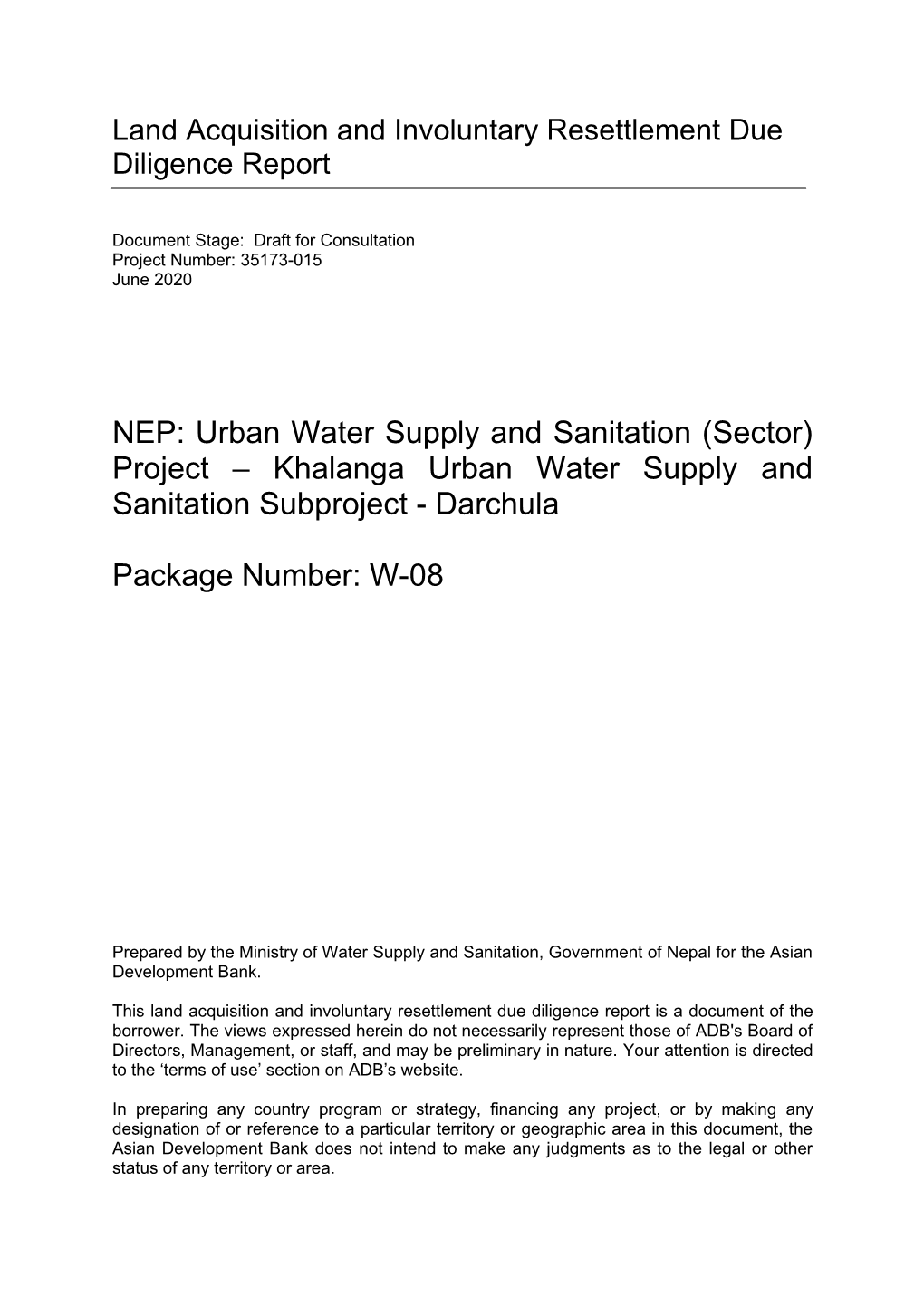 Project – Khalanga Urban Water Supply and Sanitation Subproject - Darchula
