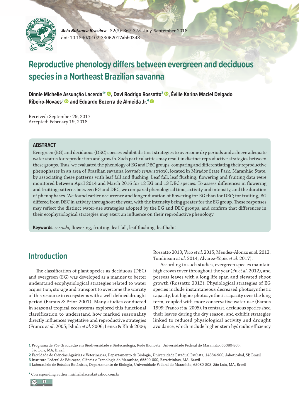 Reproductive Phenology Differs Between Evergreen and Deciduous Species in a Northeast Brazilian Savanna