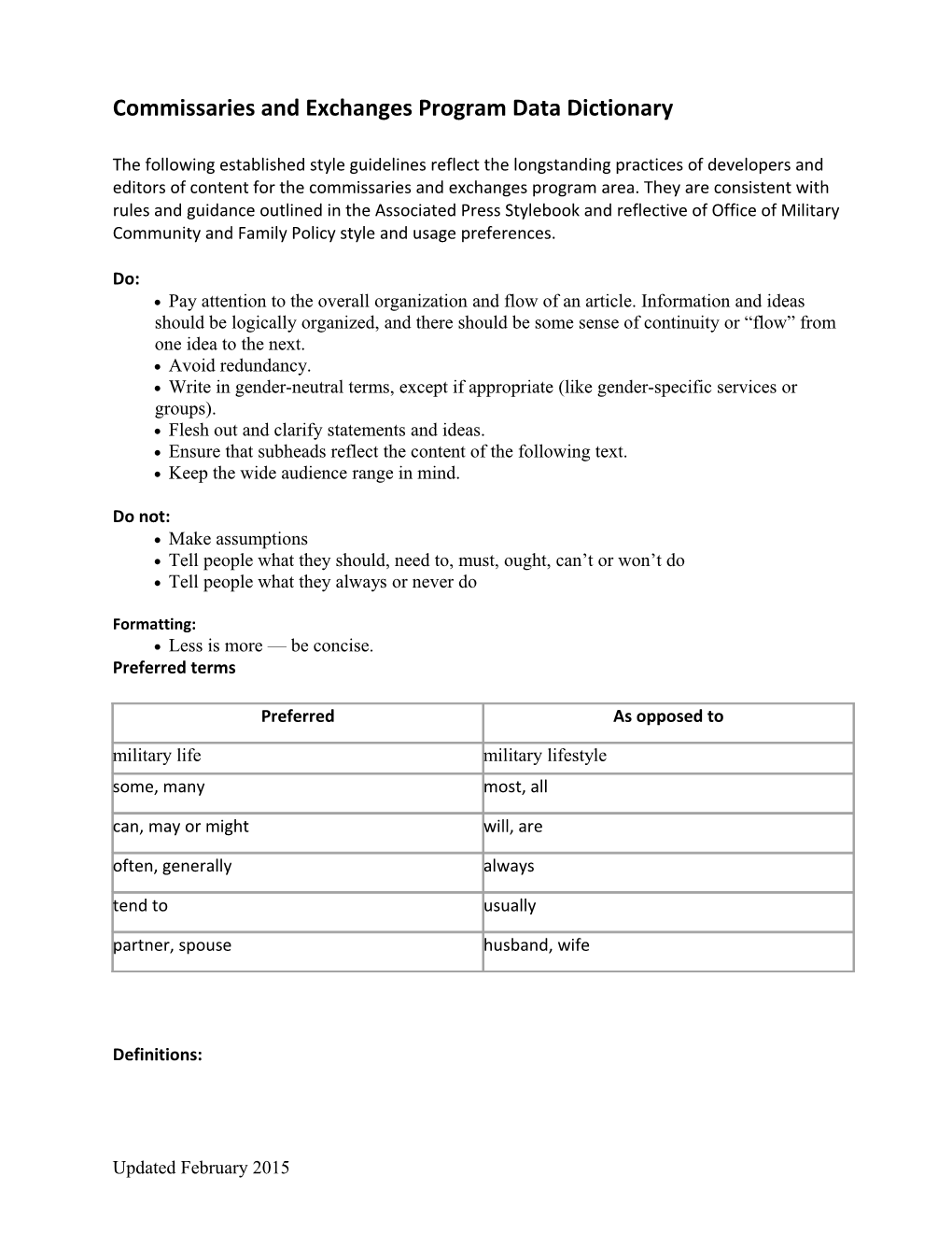 Commissaries and Exchanges Program Data Dictionary