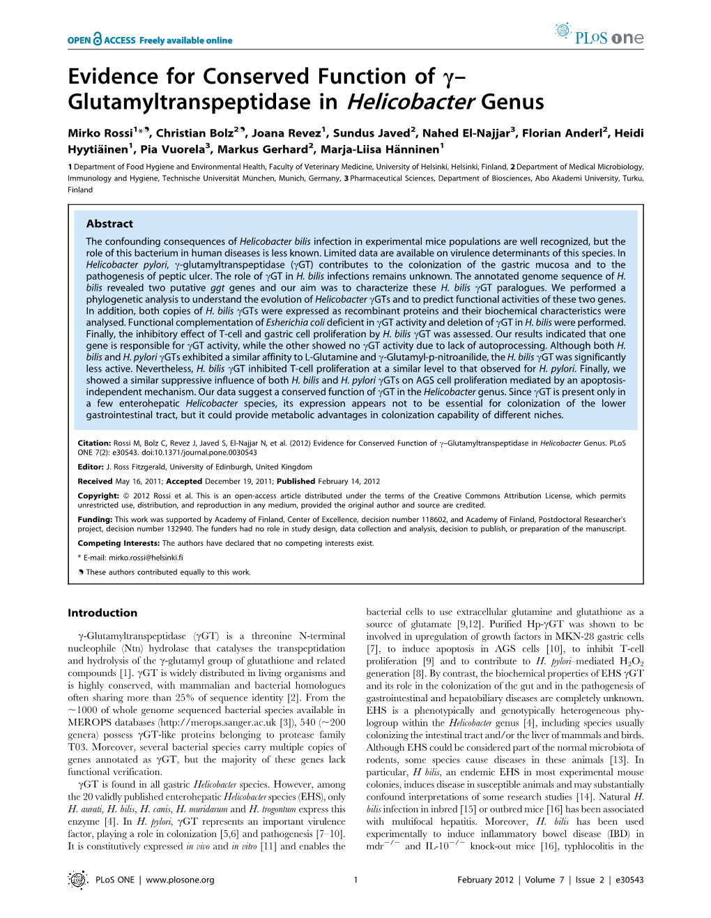 Evidence for Conserved Function of C– Glutamyltranspeptidase in Helicobacter Genus
