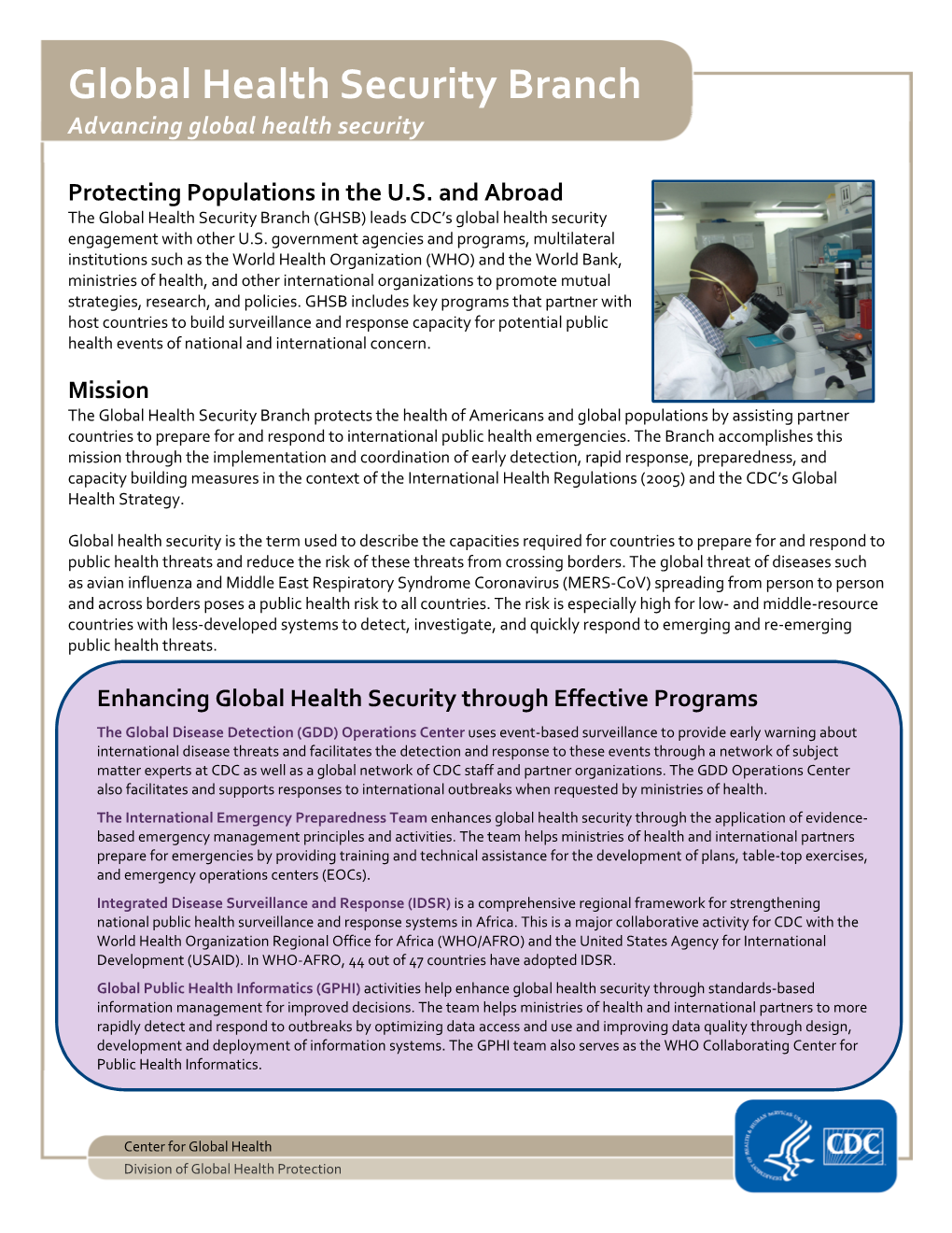 Global Health Security Branch � Advancing Global Health Security