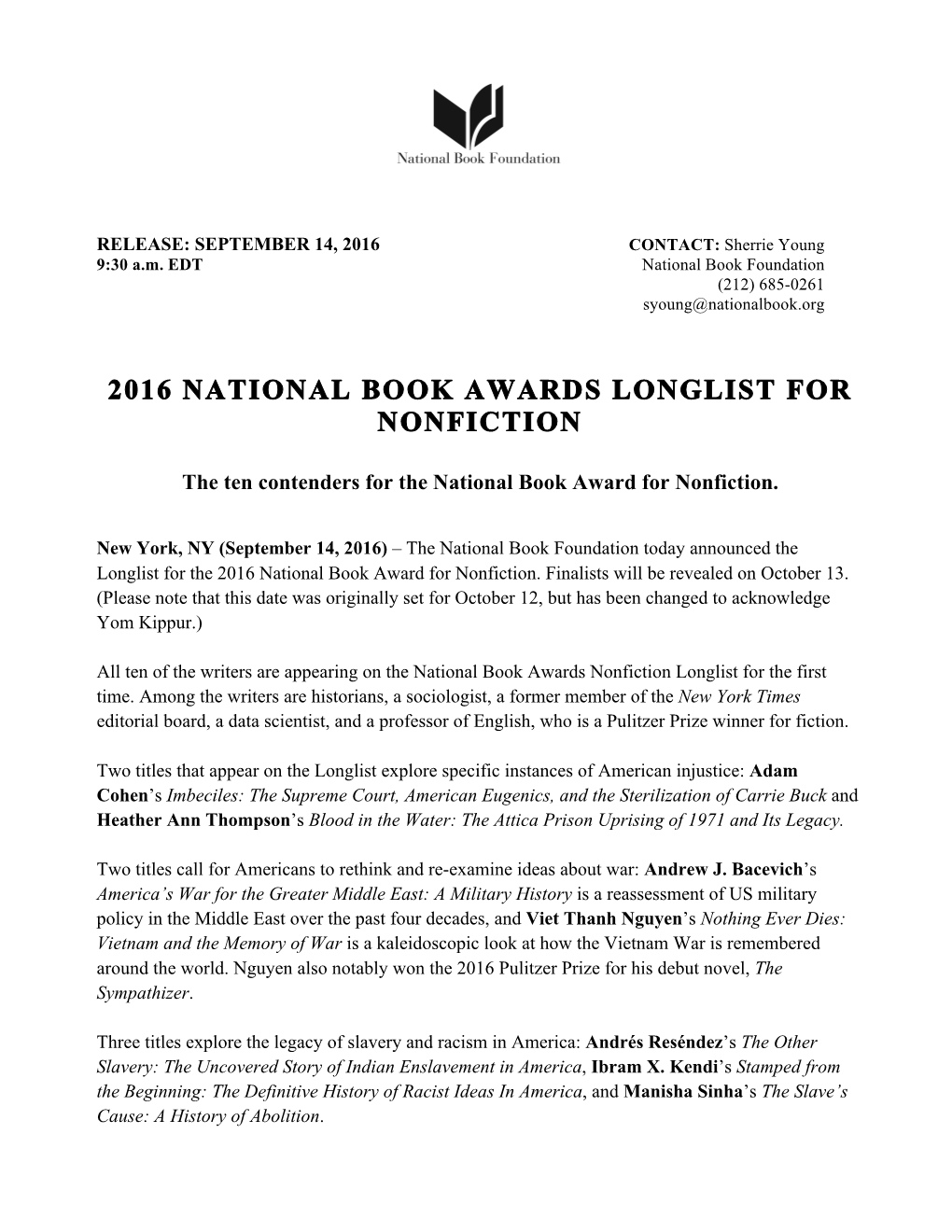 2016 Nonfiction Longlistrelease FINAL