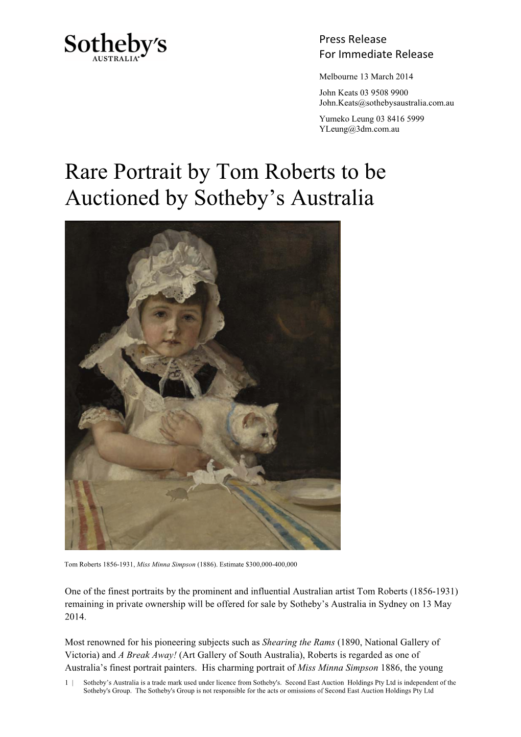 Rare Portrait by Tom Roberts to Be Auctioned by Sotheby's Australia