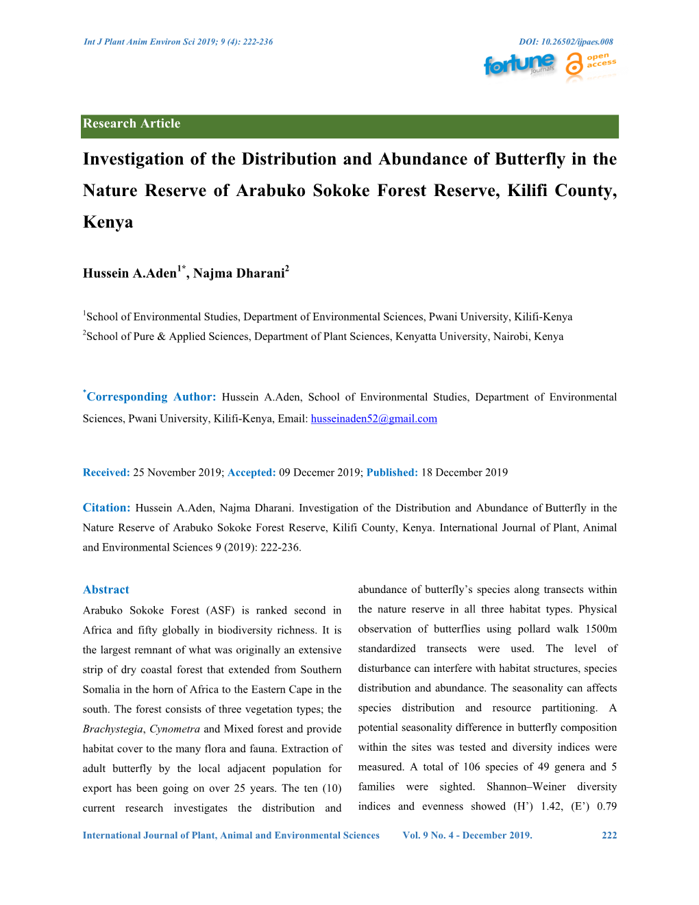 Investigation of the Distribution and Abundance of Butterfly in the Nature Reserve of Arabuko Sokoke Forest Reserve, Kilifi County, Kenya