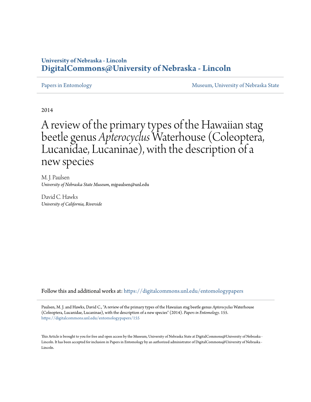 A Review of the Primary Types of the Hawaiian Stag Beetle Genus &lt;I