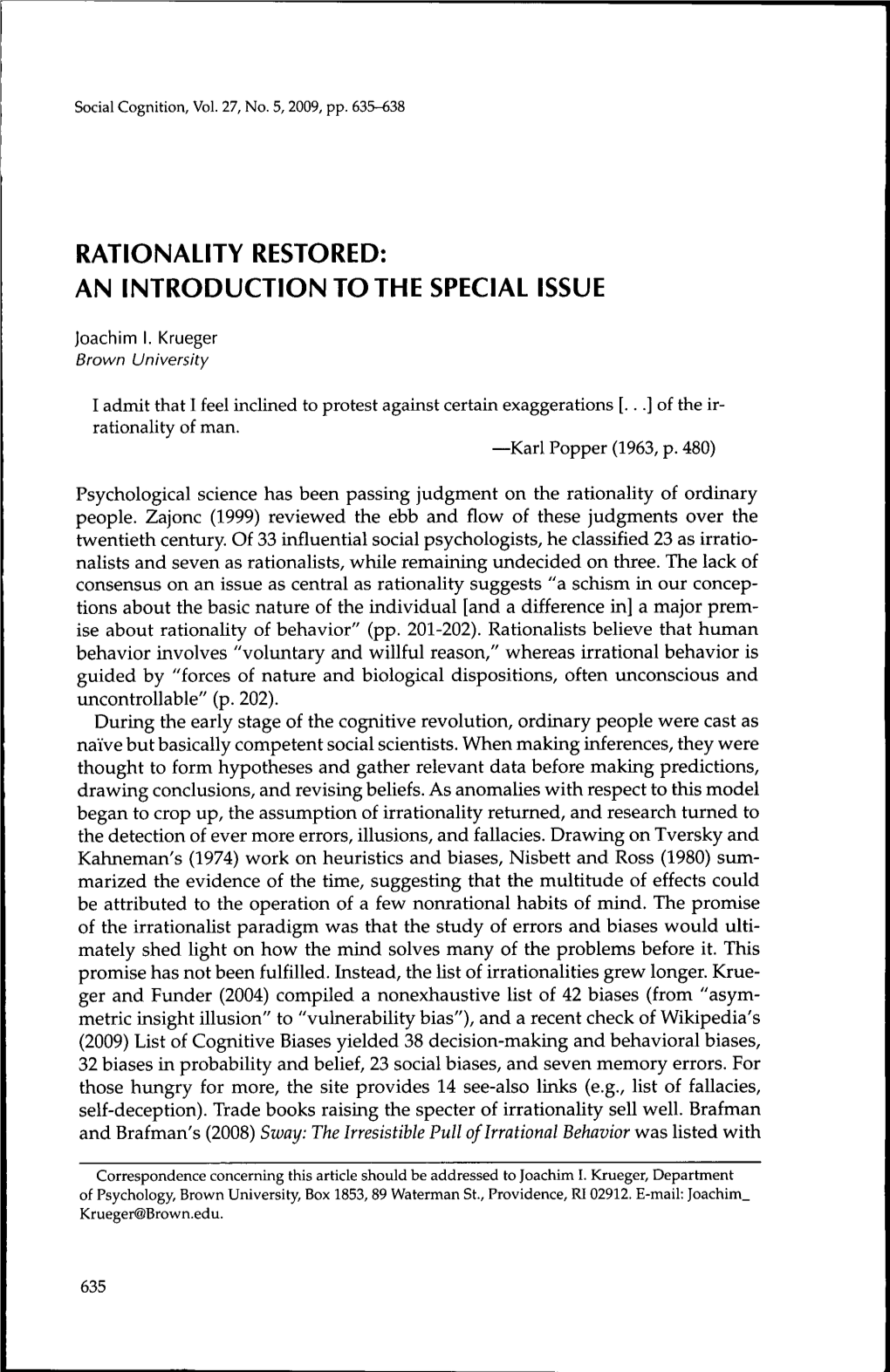 Rationality Restored: an Introduction to the Special Issue